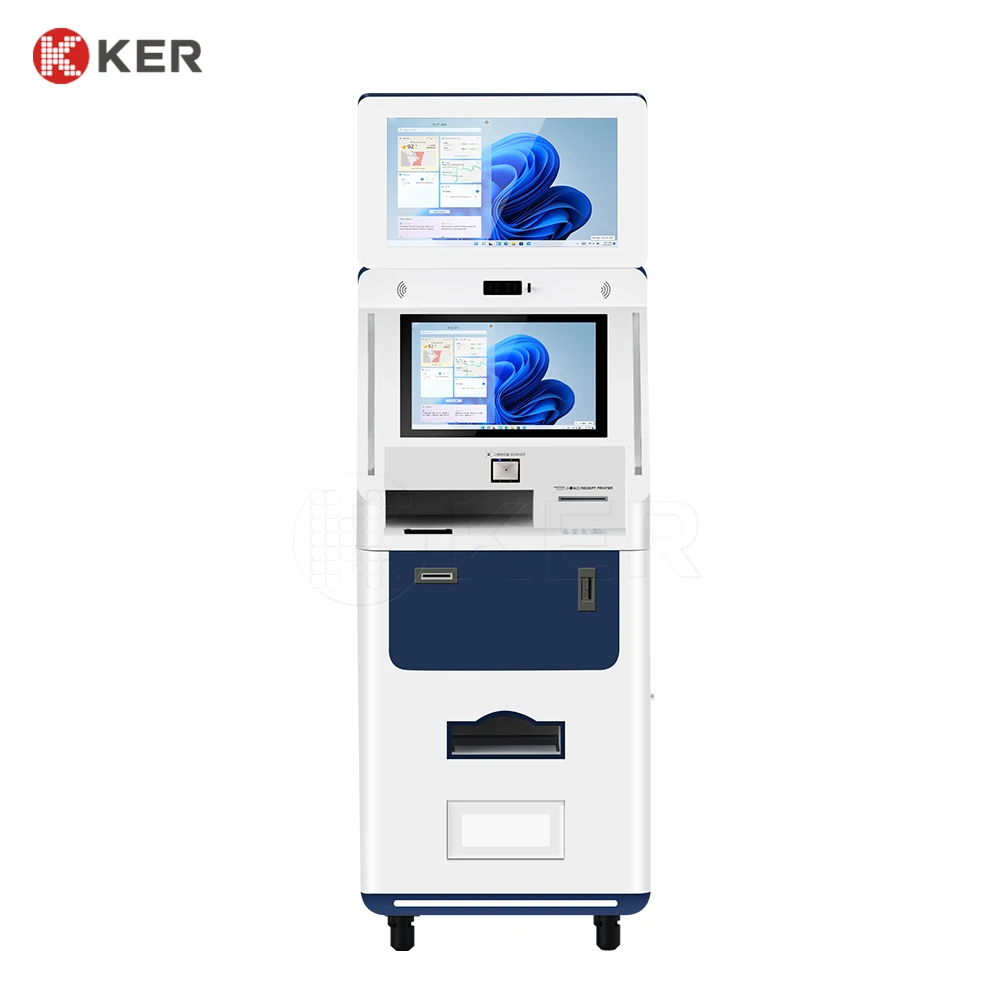 Hot selling 21.5+19 inches dual screen emv card reader touchscreen print kiosks self service cash payment kiosks