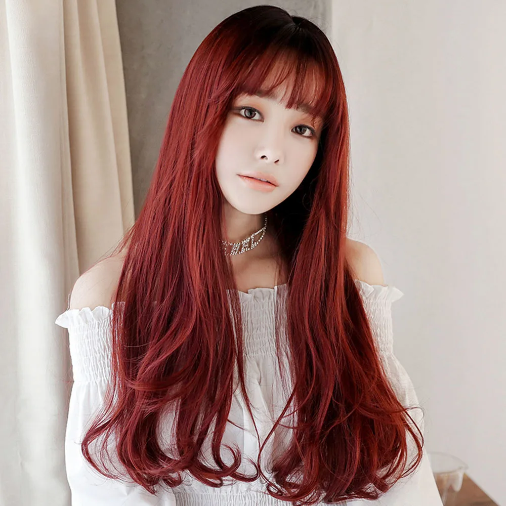 7JHH WIGS Wholesale Price 26 Inches Long Wavy Wig With Bangs 150% Density Natural Colored Synthetic Hair Wigs For Women