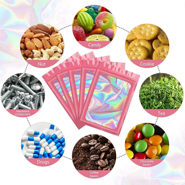 Design Custom Printed Mylar Pvc Pink Small Holographic Iridescent Smell Proof Resealable Packaging Ziplock Gift Bag With Zipper
