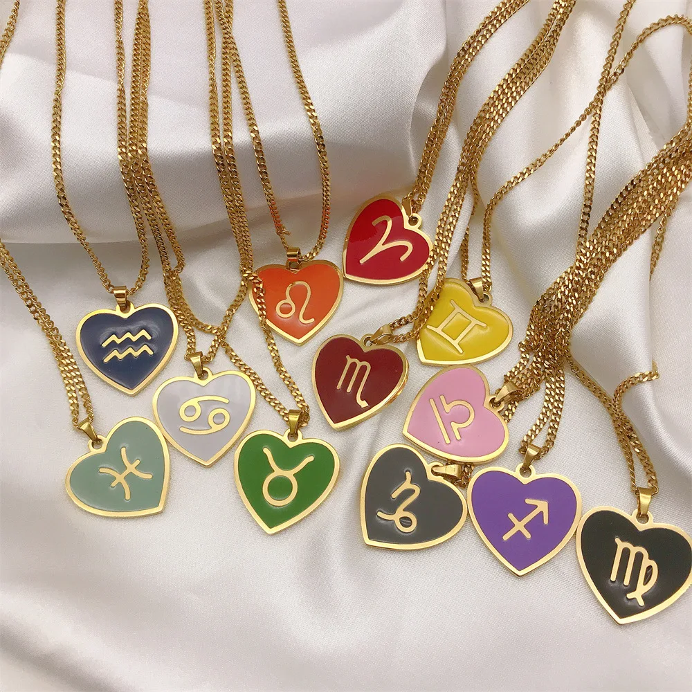 Wholesale new arrivals customized 12 zodiac 18K gold stainless steel chain heart color necklace compass tarot necklace