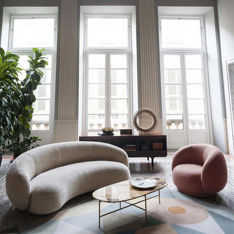 Italian boucle sofa curved custom sofa sectional apartment furniture  Upholstery suede couch  lobby  hotel moon shape  sofa