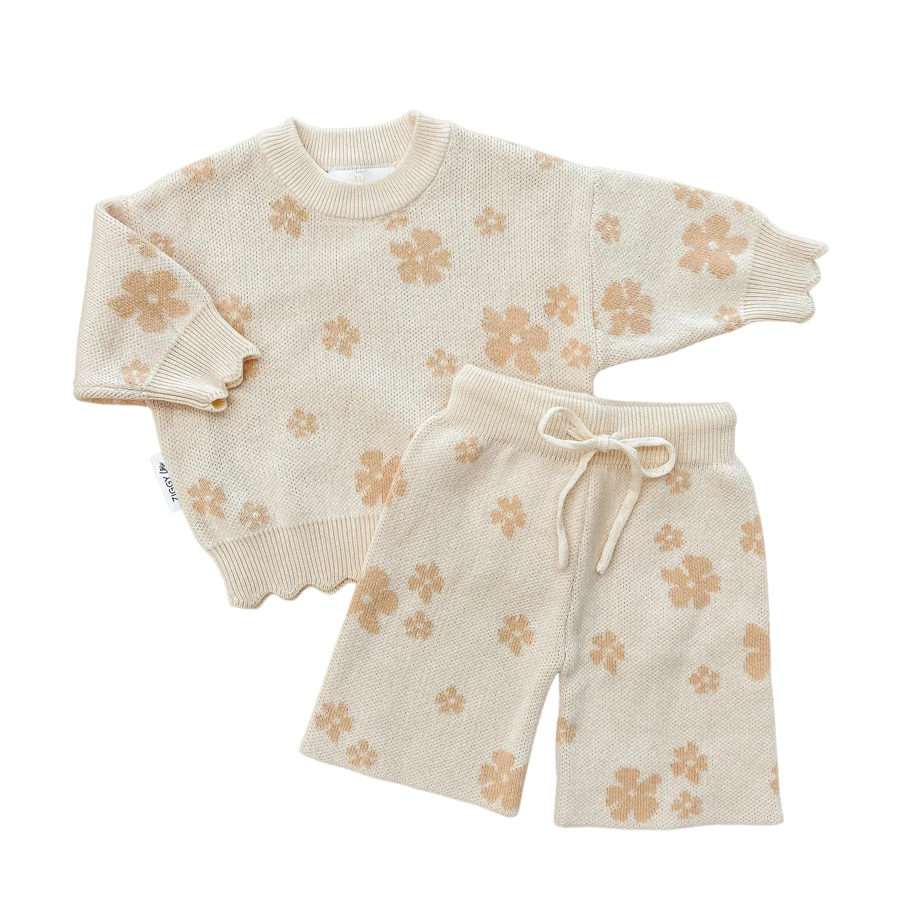 Fashionable 2024 New Designer Chunky Flower Plain Spring Striped 100% Organic Cotton Babi Winter Knit Baby Pants