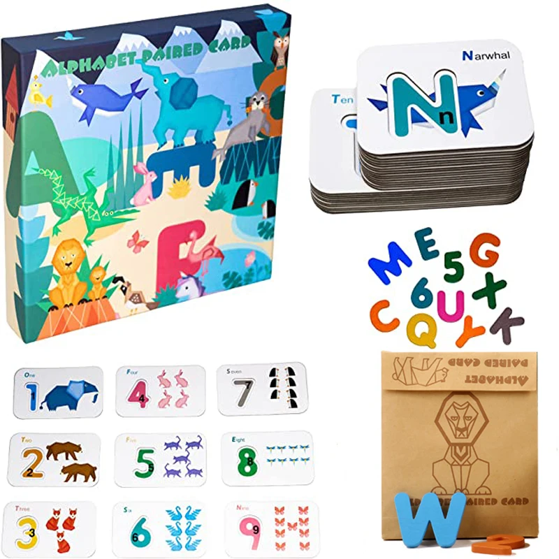 Alphabet Numbers Flash Cards for Toddlers 3-6 Years, ABC Learning Toys Wooden Letters and Numbers Animal Card Board