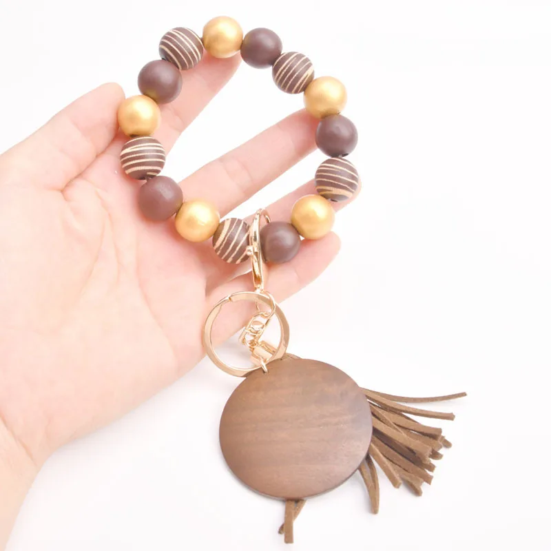 Colorful Silicone Wood Bead Wristlet Keychain Retro Bracelet Bangle Tassel Wristbands Keychain