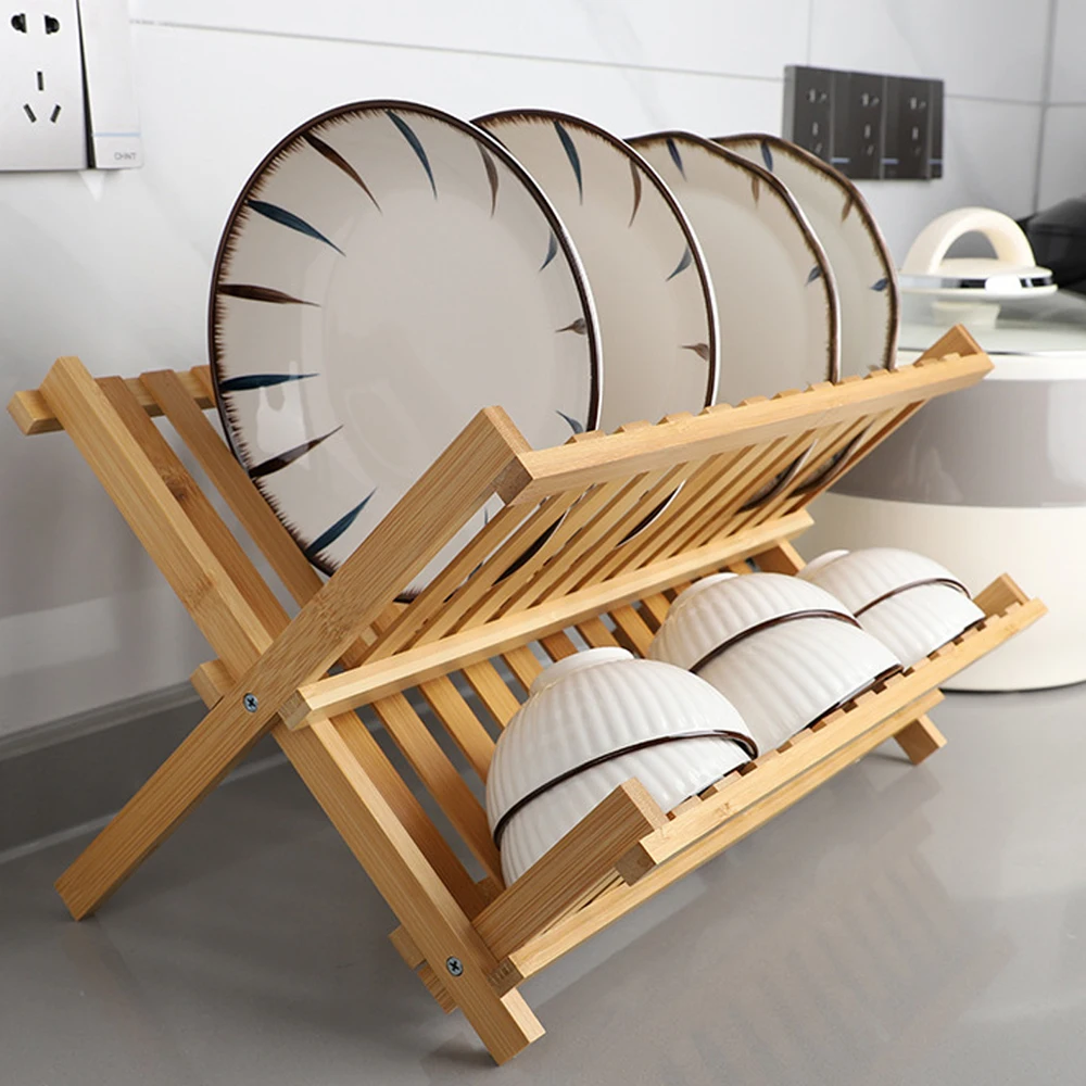 Dish Drainer Bamboo Dish Drying Rack with Utensil Holder.Collapsible2-Tier Folding Drying Holder for Kitchen