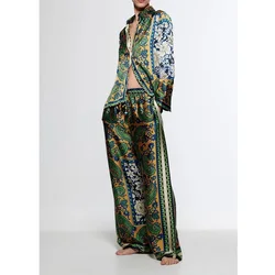 Custom printed pajamas style satin printing vertical cardigan satin trousers two sets