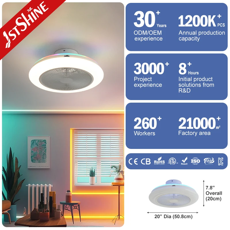 1stshine Ventilatores Da Soffitto No Noise Bladeless 26w Bldc Motor Led Ceiling Fan with Light for Bedroom