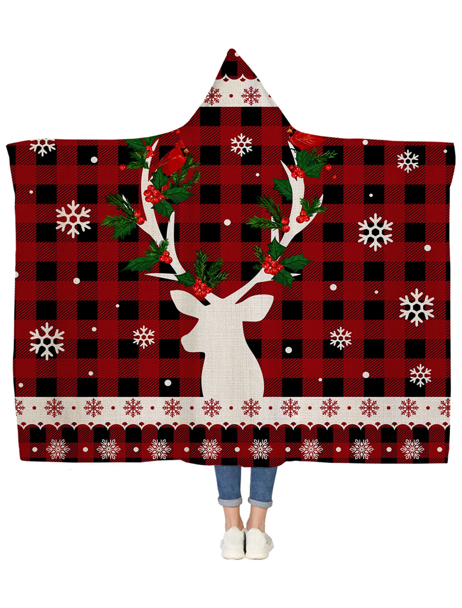Christmas Red Wearable Blankets Wearable Flannel and Sherpa Cozy Warm Plush Christmas Decor Gifts for New Year 2025