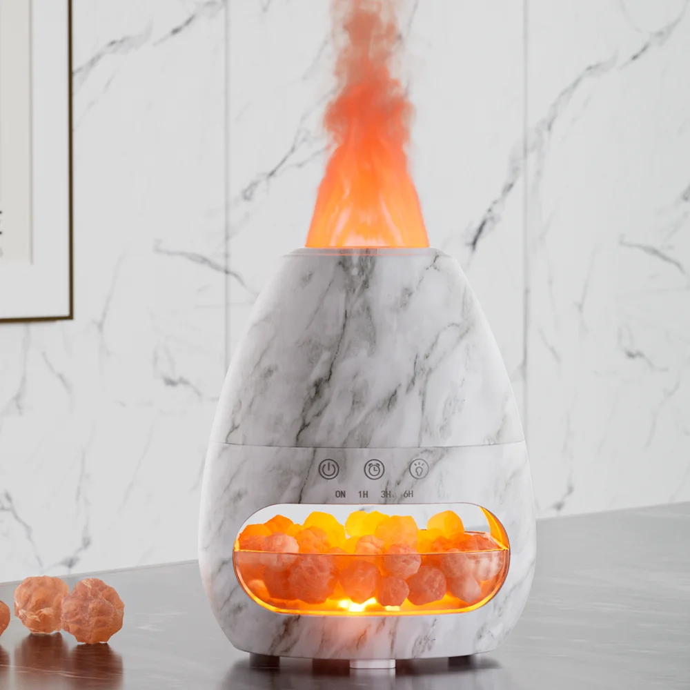 2023 New with LED Night Light Product Salt Stone diffuser 3D Flame Humidifier Marble Design Essential Oil Aroma Diffuser