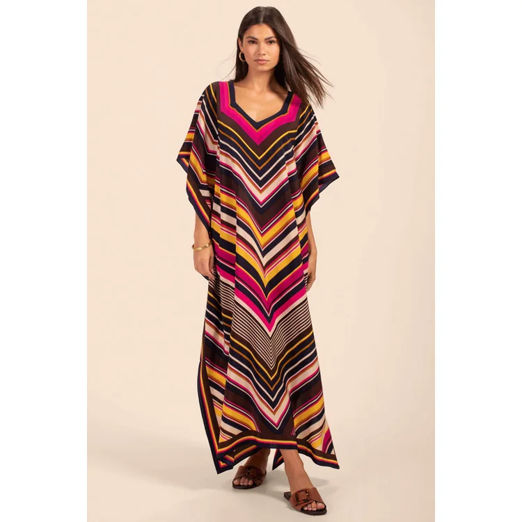 High Quality Islamic Clothing Striped Printed Bikini Cover Up Vacation Robe Sunscreen Shirt Beach Dress
