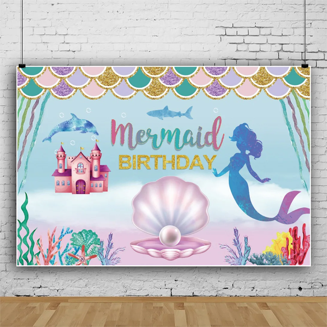 7x5ft Mermaid Under The Sea Photography Backdrop Props Ocean Purple and Teal Girl One Birthday Party Decoration Starfish Shell