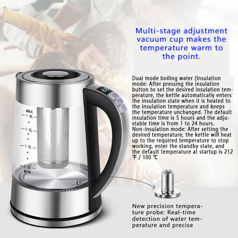 Electric Kettle Glass Temperature Control  1.8 L Electric Kettle  & with LED Indicator Light,Auto Shut-Off