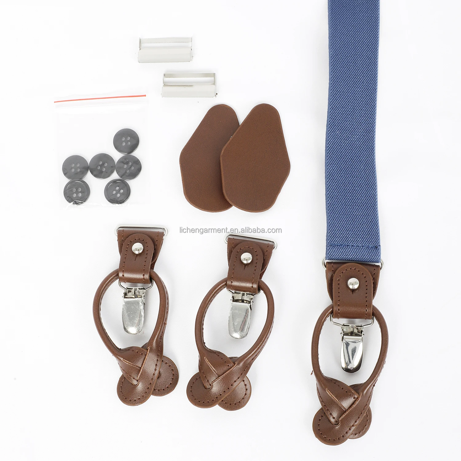 Custom Factory DIY Suspender Clips Silver Metal Holder Clips with PU Leather and 6 Buttons Ideal for Suspenders Accessories