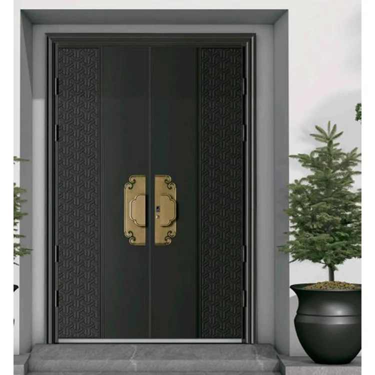 Latest Design Front Entry Double Artificial Wood Gate Wooden Entrance For House Pivot Exterior Modern Steel Security Doors
