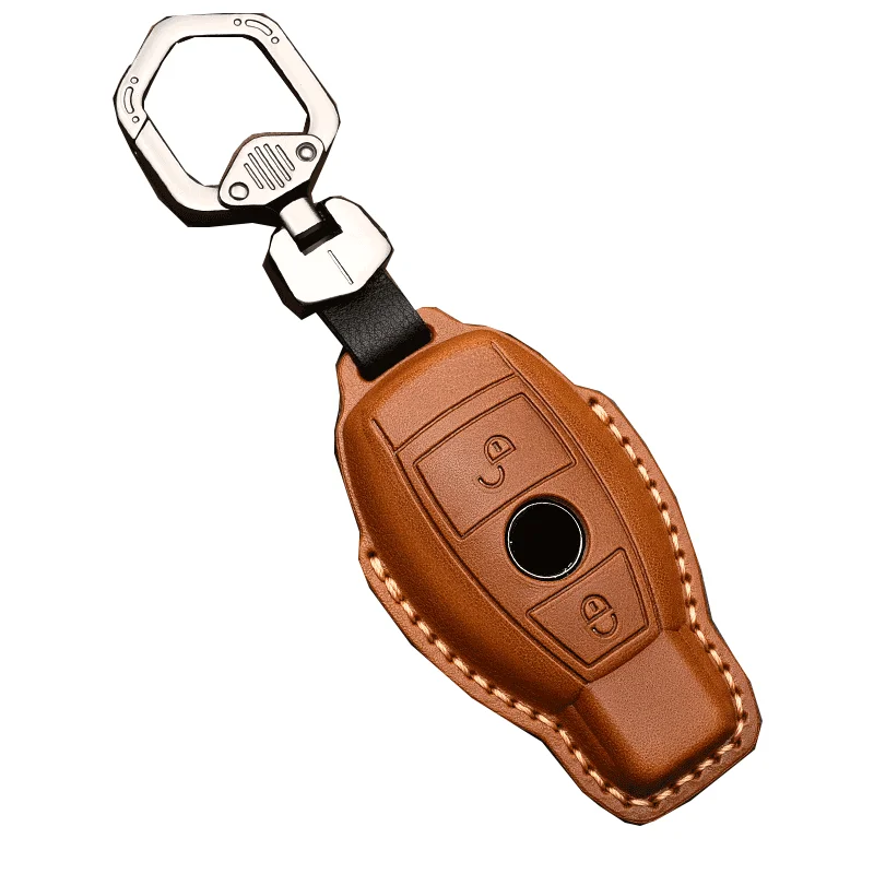 leather Car Key Case Cover Key Holder Chain Ring For Mercedes Benz W203 W210 W211 W124 W202 W204 AMG Accessories