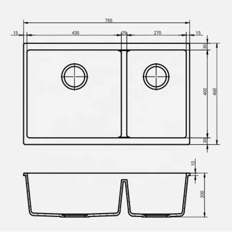 SHKRT (76x46)29' Double Bowl 60/40 Undermount Quartz Kitchen Sink Constructed From Quartz & PMMA with Heat Resistant to +500°F