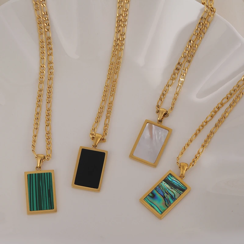 Новая мода ювелирные изделия из нержавеющей стали кольцо 18K позолоченные прямоугольные малахит ожерелье с подвеской