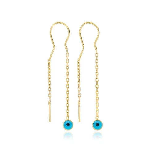 Turkish Eye Design Thin Chain Design Threader Earrings Turkish Handmade Wholesale 925 Sterling Silver Jewelry