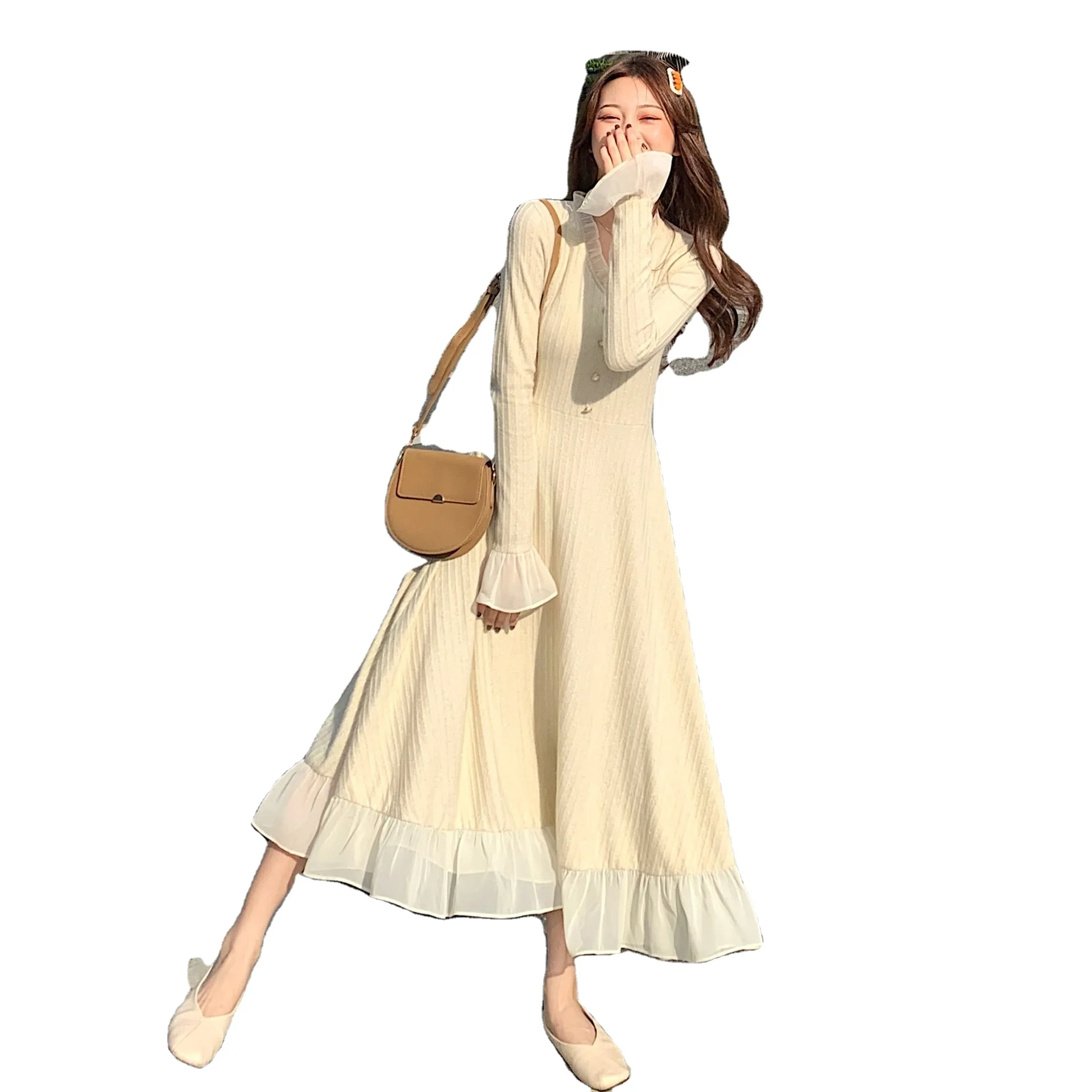 Wholesale Women Spring Long Sleeve Leisure Knit Dress Maxi Length Turn-Down Collar Dresses Women Elegant Casual Dresses