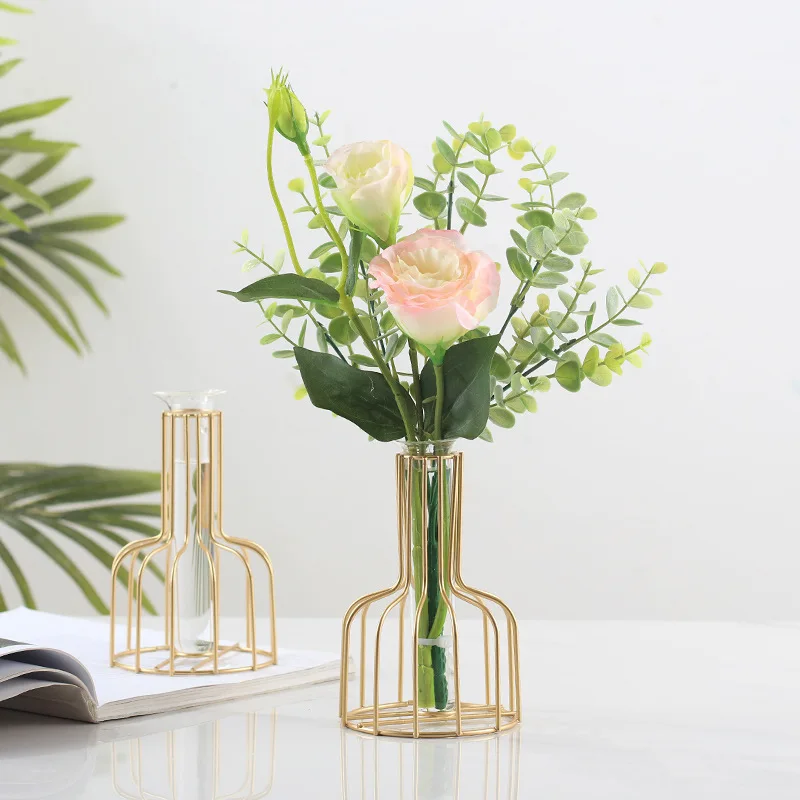 Modern Minimalist Metal Iron Art Line Geometric Decorative Gold Silhouette Clear Glass Small Test Tube Flower Bud Vase