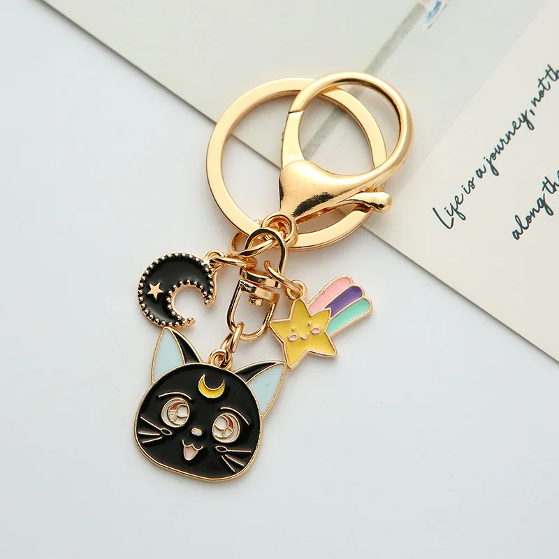 Alloy car keyring compact cat Moon Star kitten metal pendant creative personality bag parts charms keychain accessories