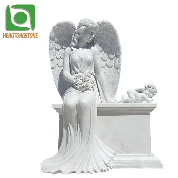 Индивидуальный дизайн высокое качество мрамор сидящая девушка надгробие статуя ангела гранитное со спящим ребенком