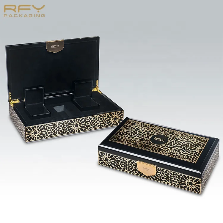 Luxury custom lacquer black blue perfume bottle jewelry organizer wood box for gift pack