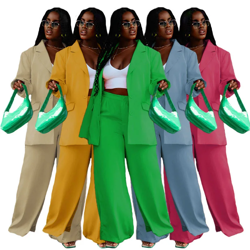 Newest 2022 Women Blazer and Wide Leg Pants Trend Fashion Two Piece Set For Women Ladies Outfit 2022 Long Sleeve Blazer Suits