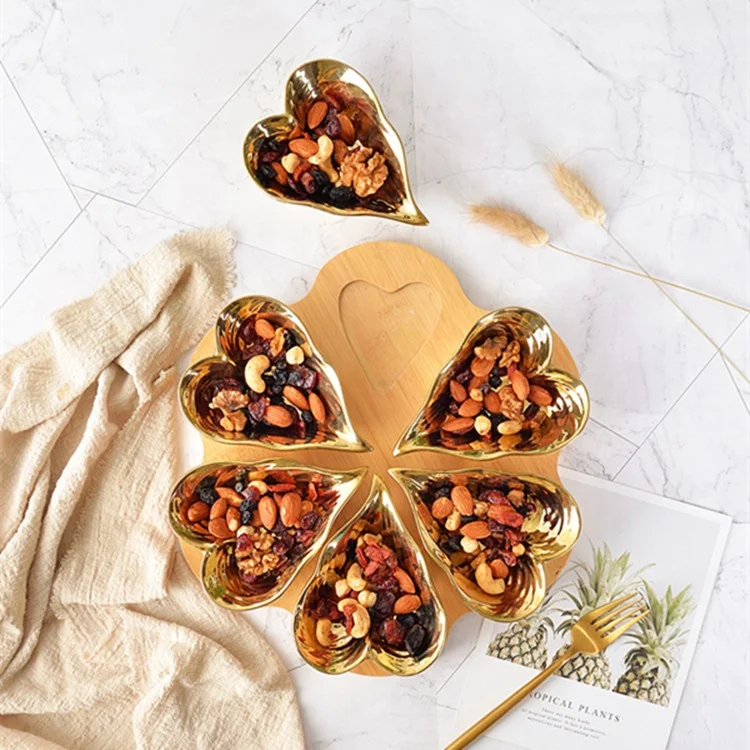 Chaozhou manufacturer direct sell luxury wedding decorative ceramic gold serving dishes set with wooden tray