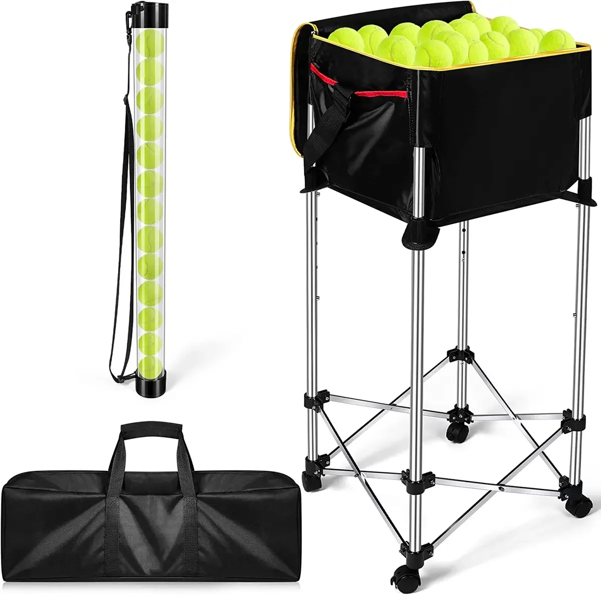 Tennis Ball Pickup Collector Tennis Basket on Wheels with Storage Bag Tennis Ball Picker Upper