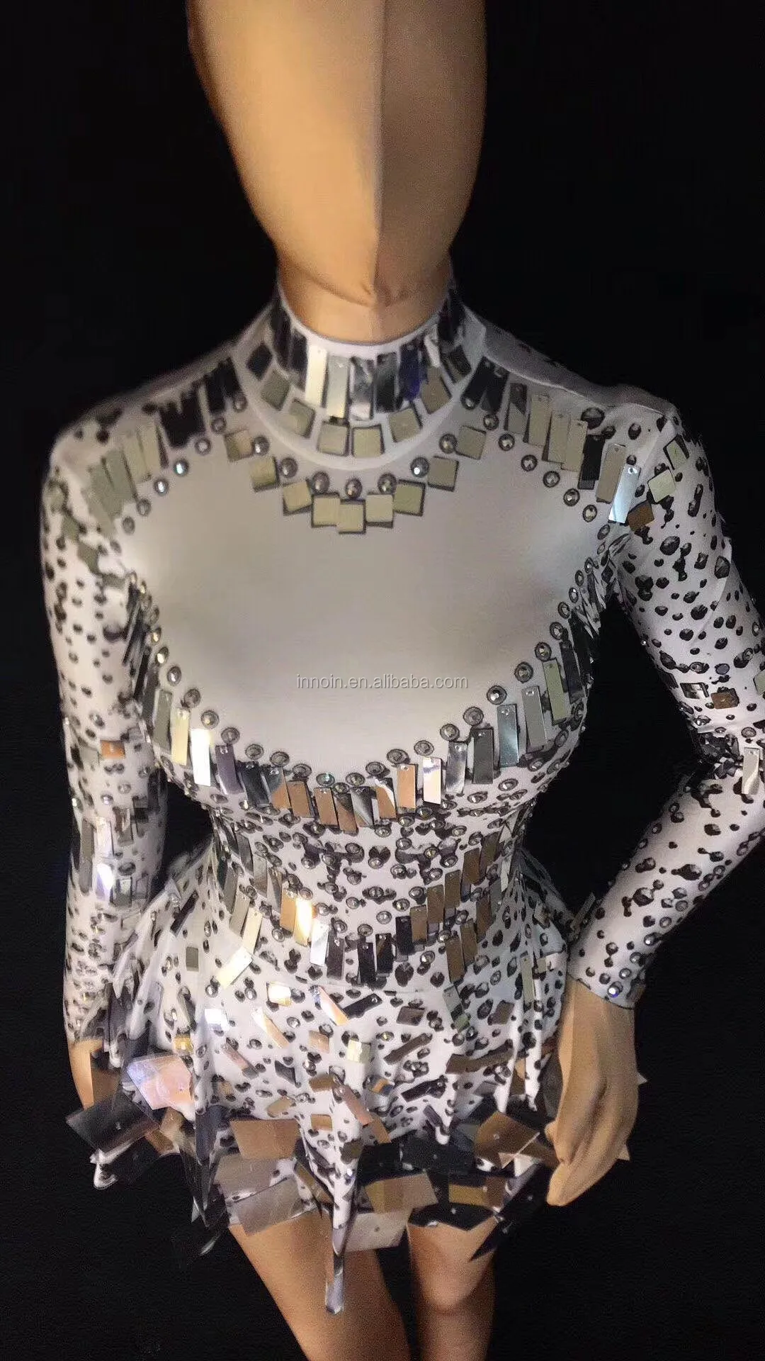 Short Shinning Silver Mirrors Stone Dress Female Singer Dancer Bright Bodysuit Costume One-Piece Nightclub Outfit Party Dresses