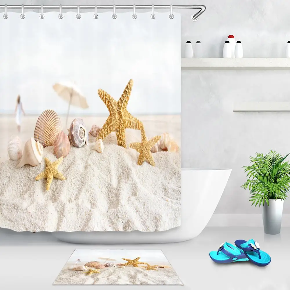 Yutong Ready Made 90gsm Polyester 3D Printing Curtain Waterproof Fabric Bathroom Printed Staifish Shell Beach Shower  Curtains