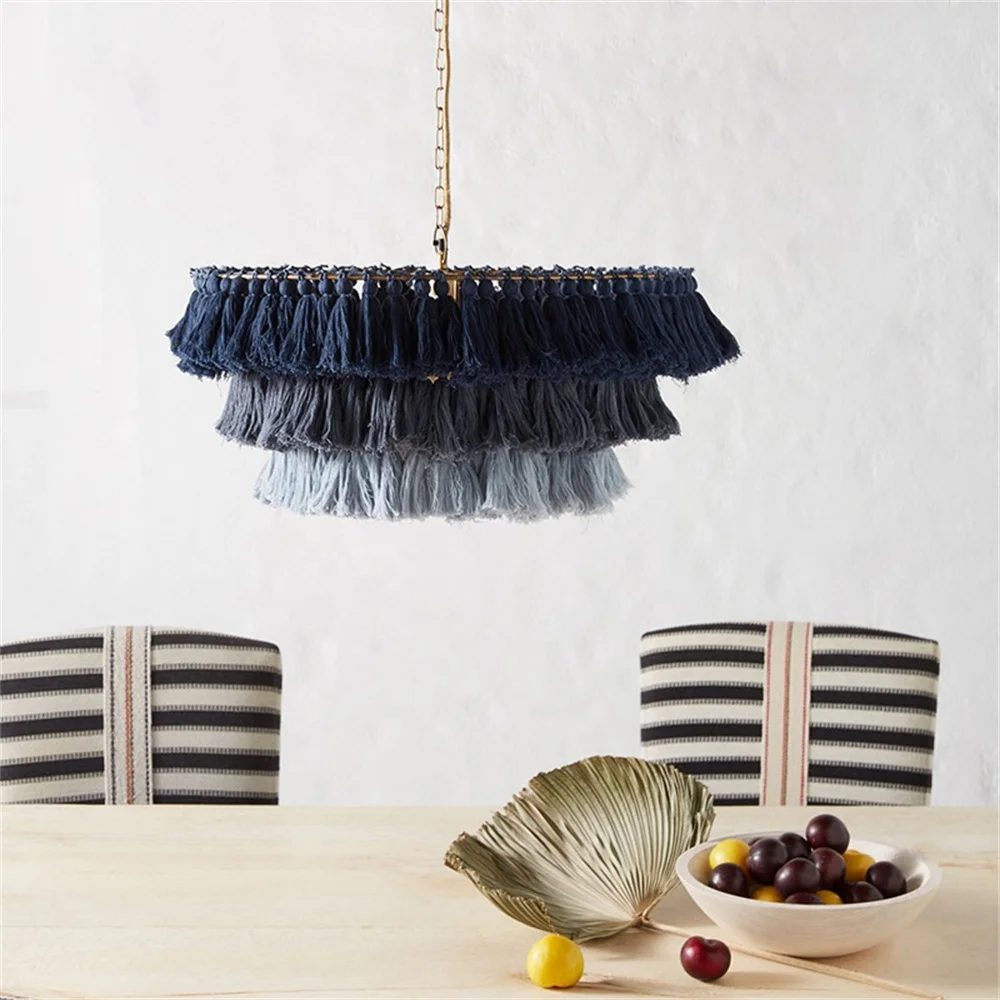 Biumart 3 Tier Tassel Chandelier Hand Weaving Rope Hanging Lamp Office Pendant Modern Lamp for Shop