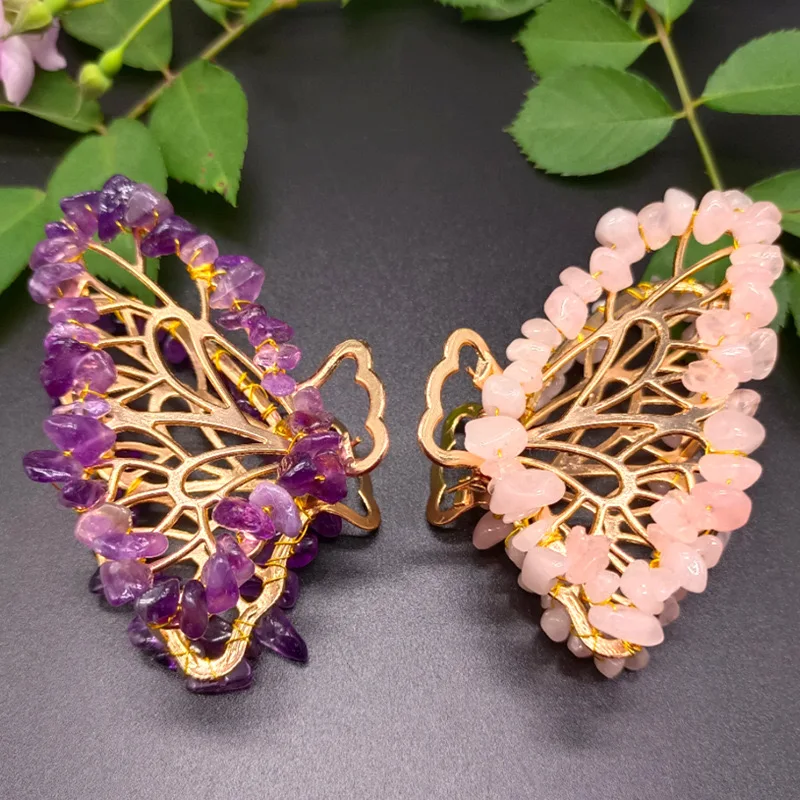 Natural Amethyst Rose Quartz Healing Stones Wire Wrapped Gravel Butterfly Hairpin Hair Accessory