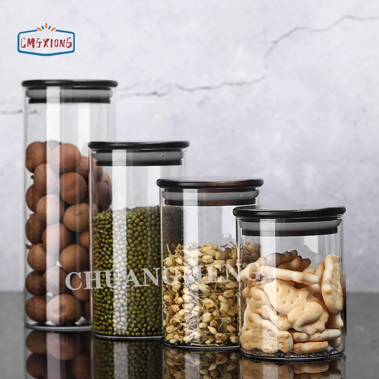 High borosilicate glass sealed food cereal storage containers cans glass jar with bamboo lid