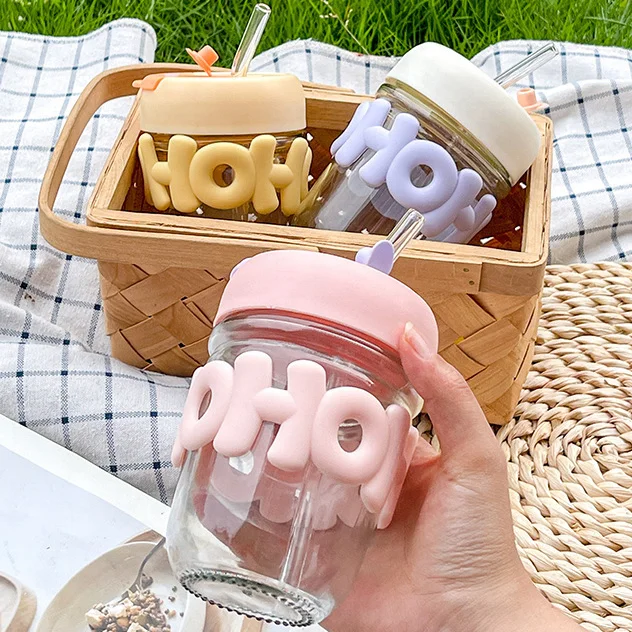 Ins Hot Cartoon Cute 350ml Thick Glass Water Bottles Silicone Protective Sleeve Milk Juice Tea Cola Drinking Mugs With Straw