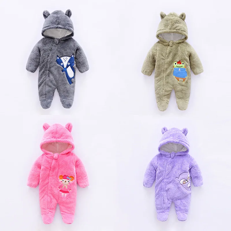 Winter jumpsuit cartoon coral fleece romper, 0-1 year old baby jumpsuit, hooded and thickened baby clothes