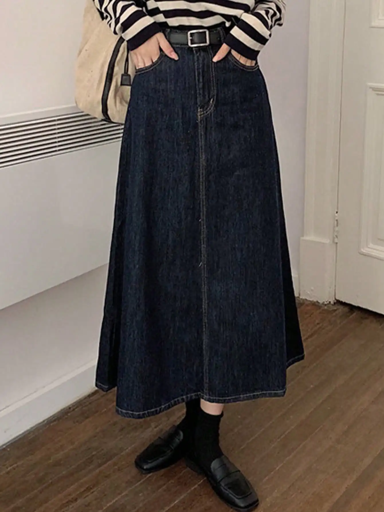Free Sample Women Jeans Skirts Ladies Denim Blue All-Match Ulzzang Stylish Popular College Girls High Waist Denim Midi Skirt