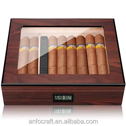 Spanish Cedar Tray Divider Humidifier Wooden Glass Top Cigar Box with Hygrometer Gift for Men Holding Cigars