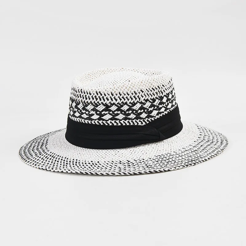 Vintage Womens Straw Boater Skimmer Hat Travel Wide Brim Sun Cap Variegated Summer Straw Beach Sun Hat