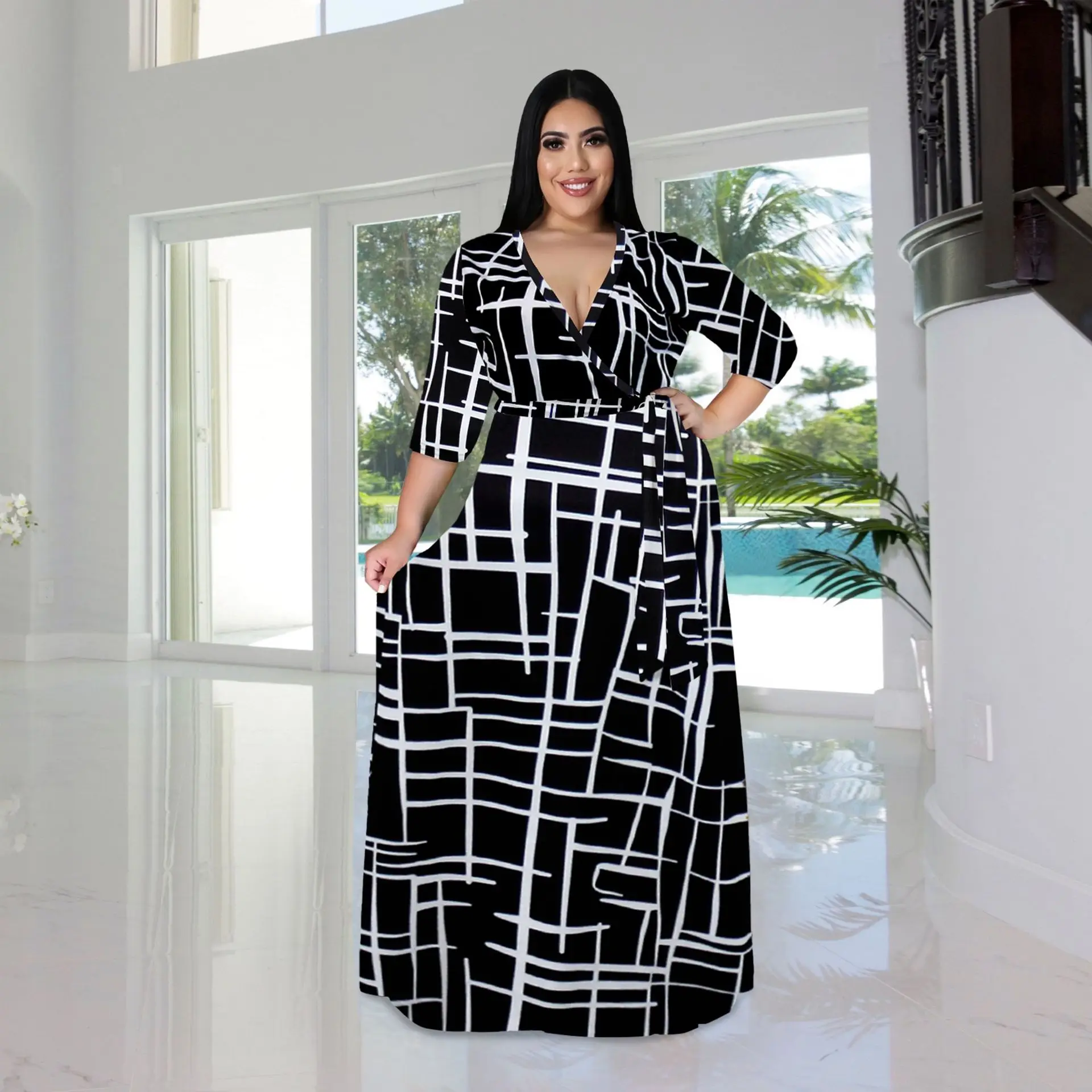 Casual Deep V-neck Long Sleeve Maxi Dress Printed Women Plus Size Africa Dress