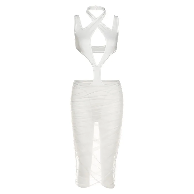 Summer New Style Halter Strap Dress Semi-perspective Cool Fabric With Waist Slim Sexy Design Folds Women Party Nightclub