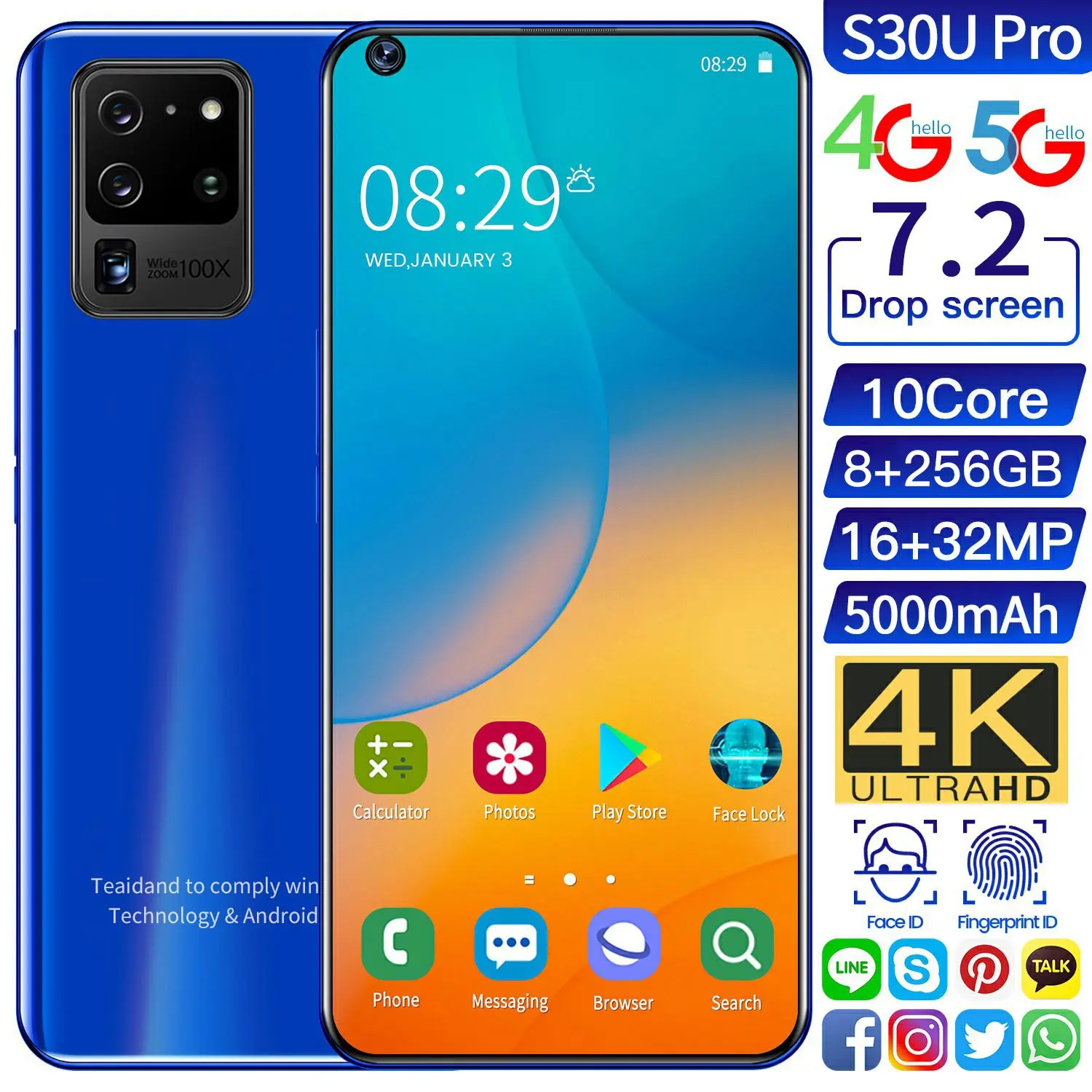 S30U PRO 7.2 inch 16MP+32MP 12GB+512GB 5G Full screen Large Capacity Battery Mobile Android Smartphone