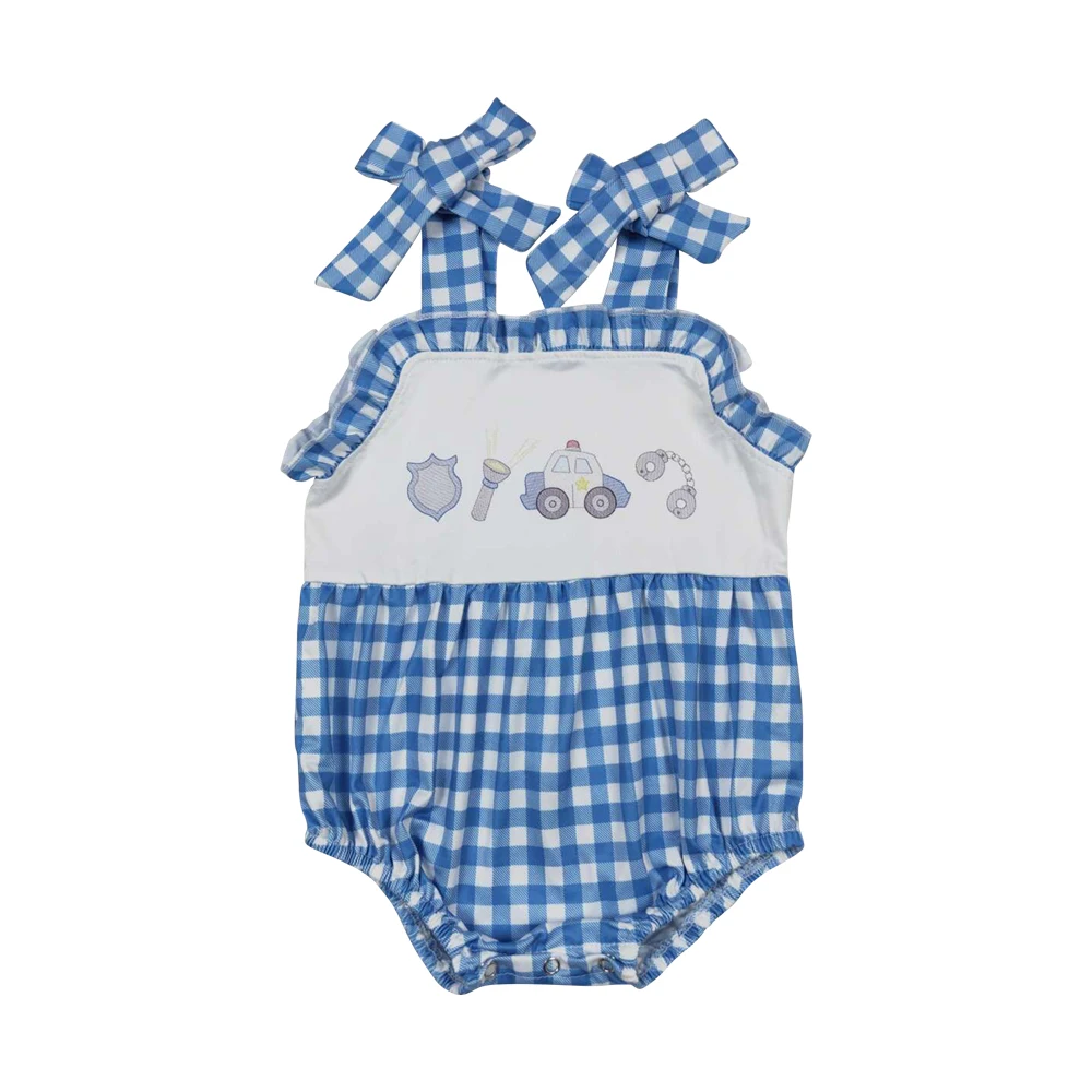 SR1171 Flashlight police car embroidery baby clothes cool boy Blue check boy romper printing Comfortable soft cotton