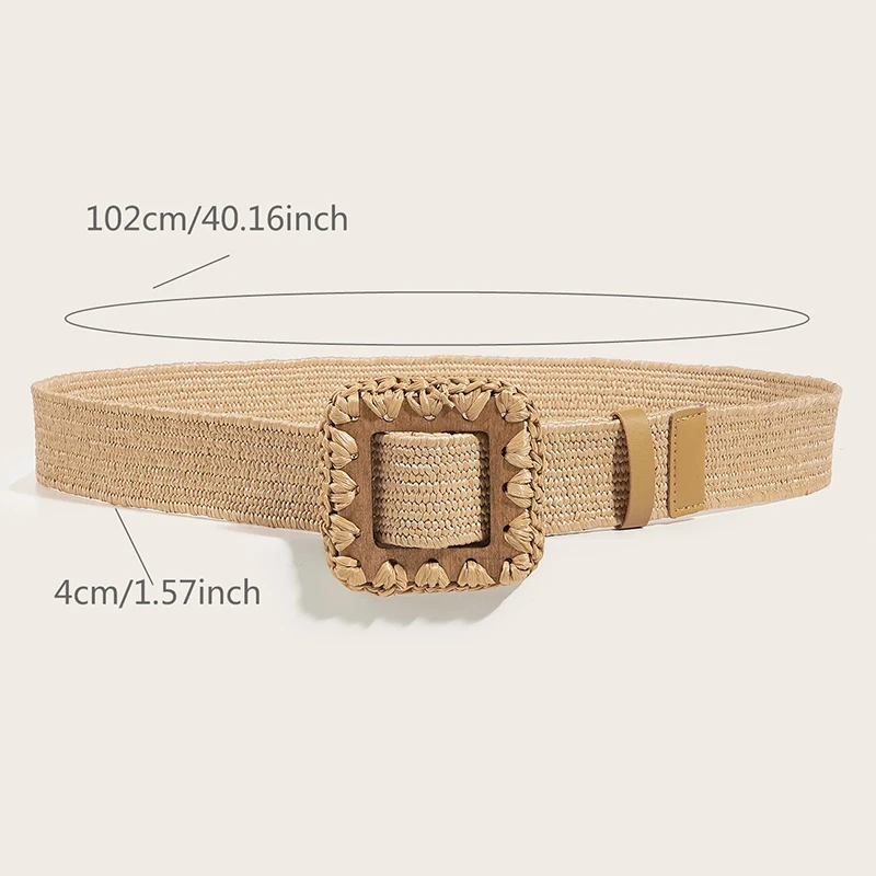Wholesale Bohemian raffia Square Wood Buckle Rattan Braided Stretch Waistband women Khaki PP Straw Elastic Waist Female Belts