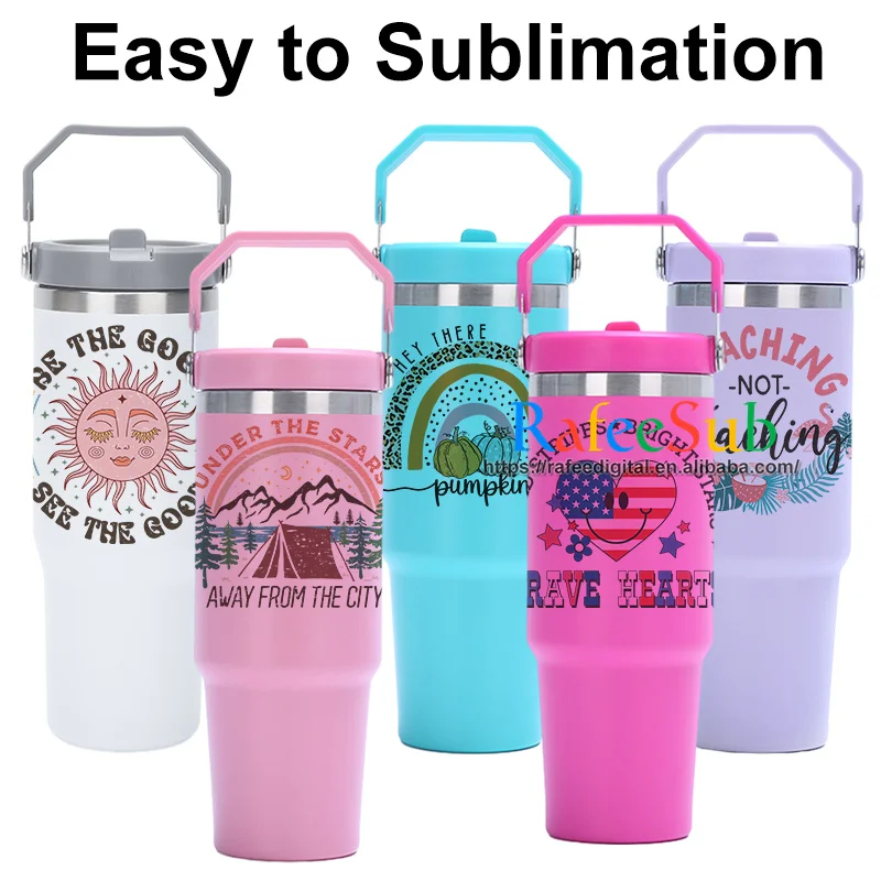 30oz 30 oz Hot and Cold Vacuum Insulated Stainless Steel White Blank Sublimation Tumbler Cup with Top Handle and Straw Screw Lid