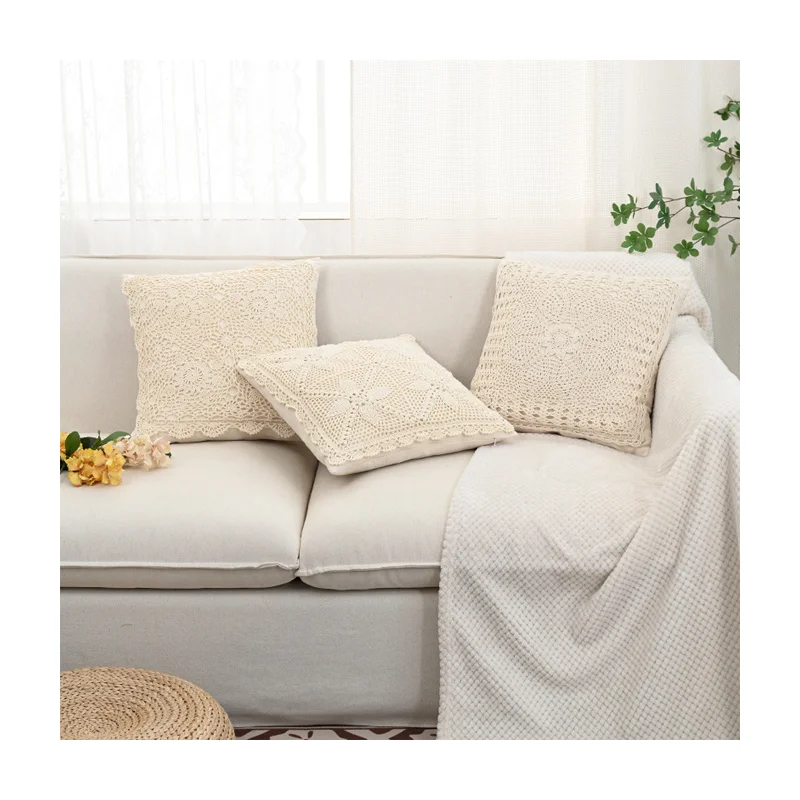 Queeneo Handmade Crocheted Luxury Woven Pillow Covers Square Vintage Patterned Cushion of Cotton and Linen Rustic Home Decor
