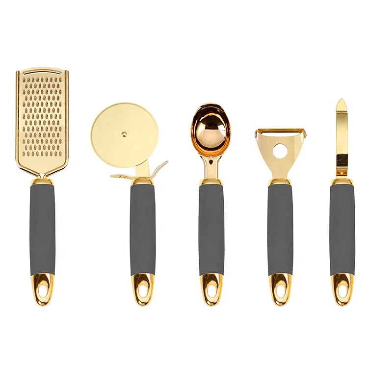 
kitchen flat kitchenware accessories, 5 pcs in one set, Ginger Grater,Peeler,Ice Cream Spoon & Pizza cutter, golden style, hot! 
