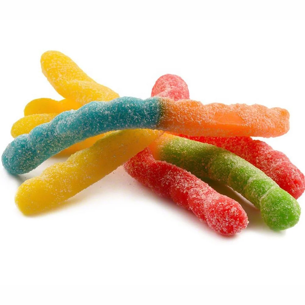 Wholesale bulk halal Gummy worm shaped Soft Candy Chewy in Custom Bottle