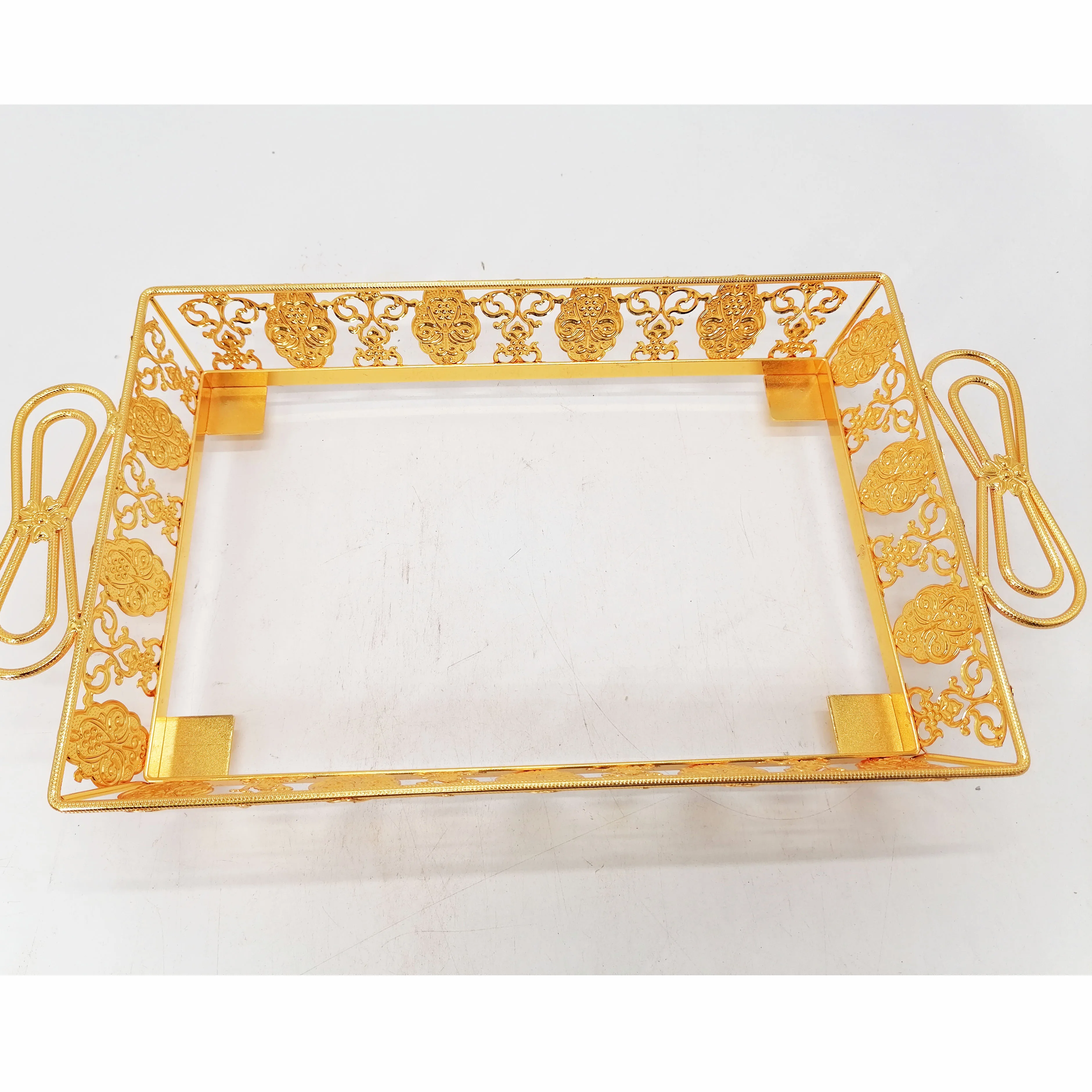Chinese factory wholesale creative golden pattern bow handle design brown wooden serving tray modern outdoor wood food tray